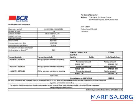Realistic Costa Rica The Bank of Costa Rica bank statement excel sample